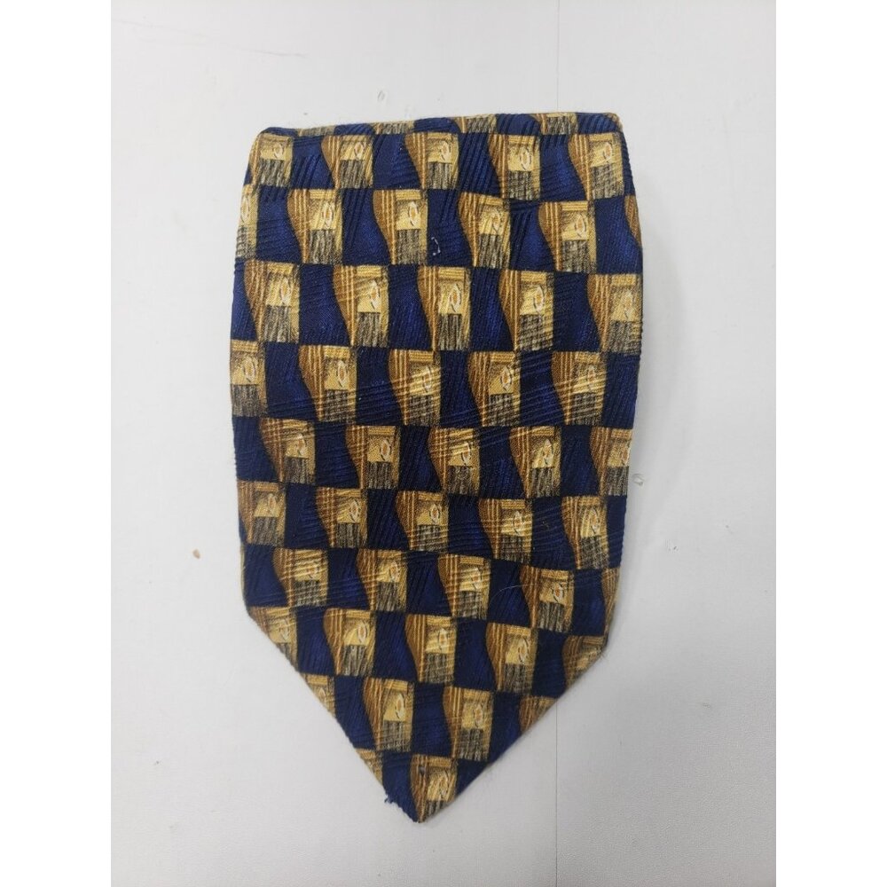 Robert Talbott Studio Vintage Tie Gold/Blue Geometric Diamond Print USA Silk